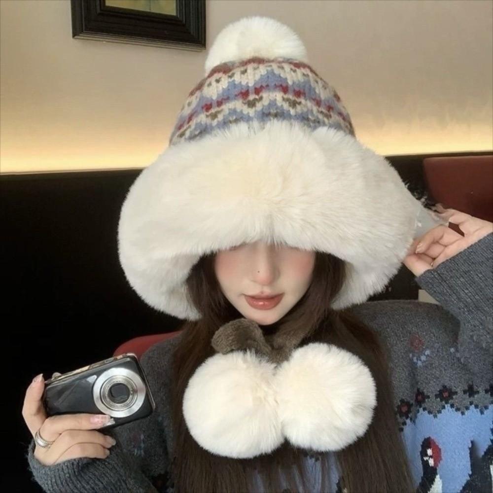 Windproof Knitted Plush Hat Thick Pullover Beanie Hat Fashion Ear Protection Hat  Autumn Winter