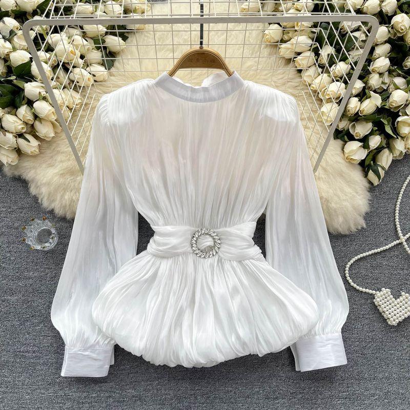 

Fancy French Style Waist Trimming Shirt Women s Sneaky Design Lace-up Stylish Chic Ruched Lotus Leaf Hem French Style Tops White One size