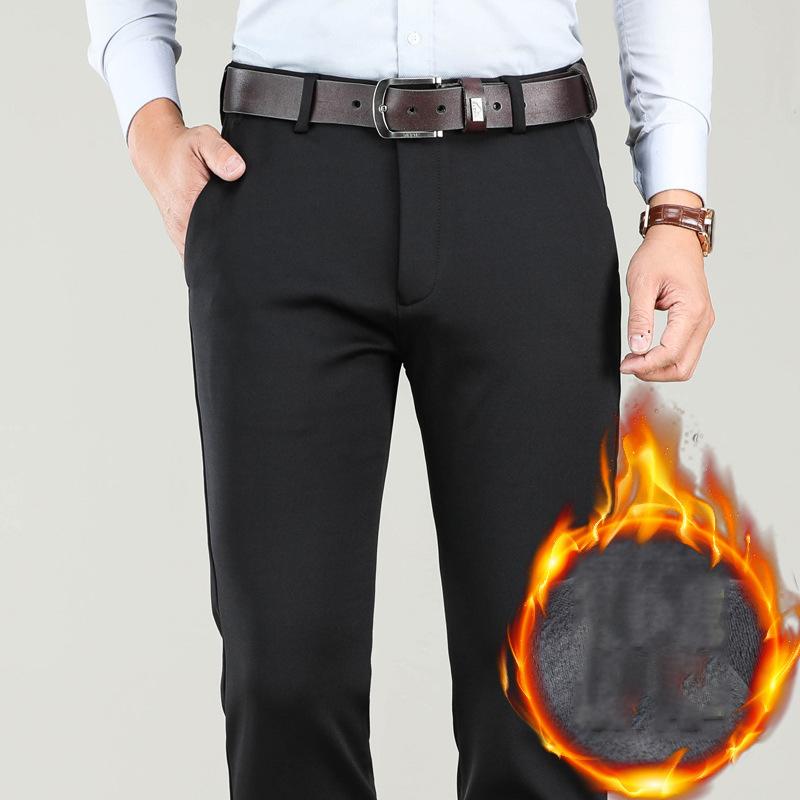 2024 Winter Plush Thick Pants Loose Business Casual Pants Men'S Slimming High Waist Straight Stretch Pants