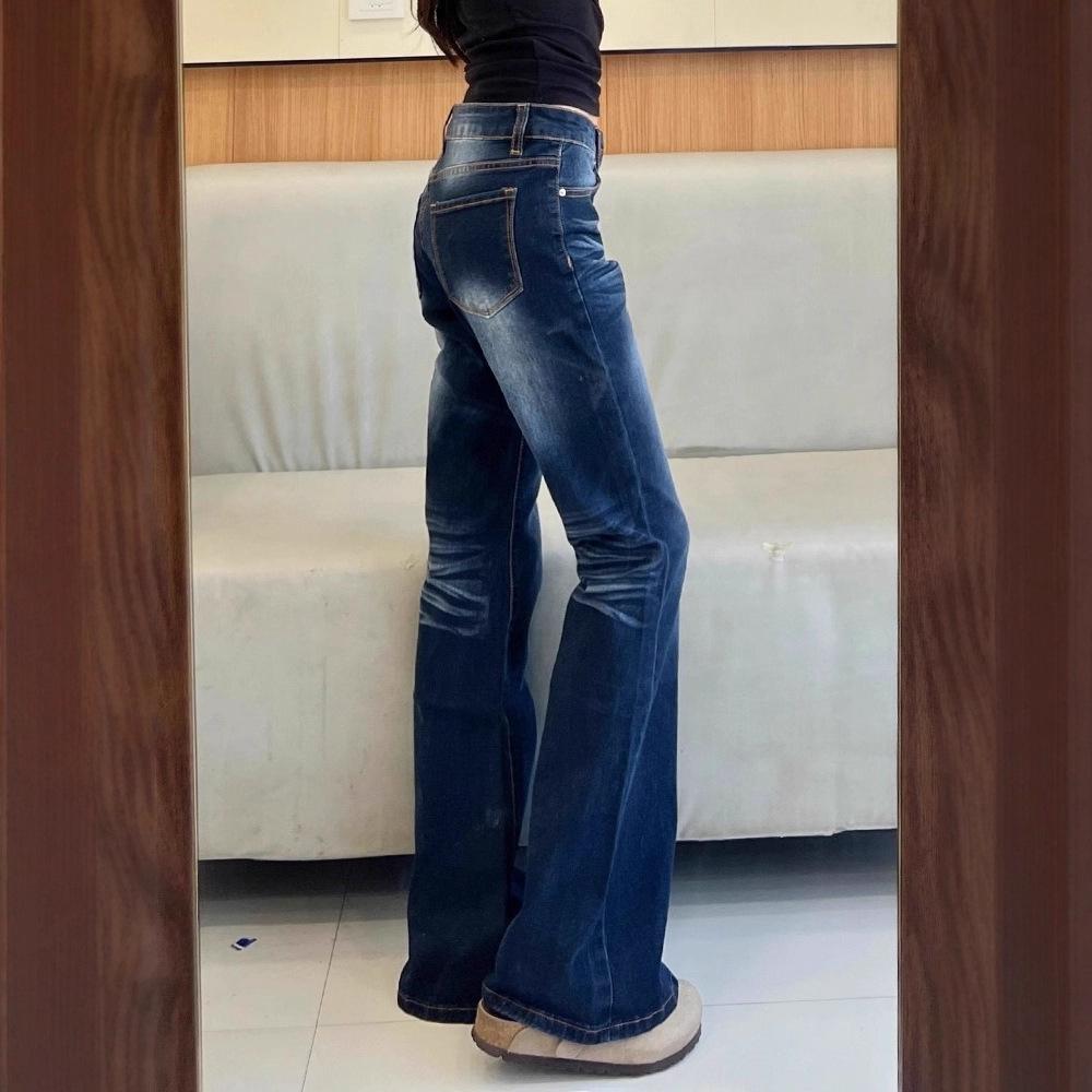 Plus Size Retro American High Waist Micro Flare Jeans for Women - Spring/Autumn Loose Slimming Straight Wide Leg Floor-Length Pants