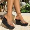 Women's Wide Width Clear Strap Sandals, Rhinestone Platform Wedge Slippers, Outdoor Summer Slides for Women