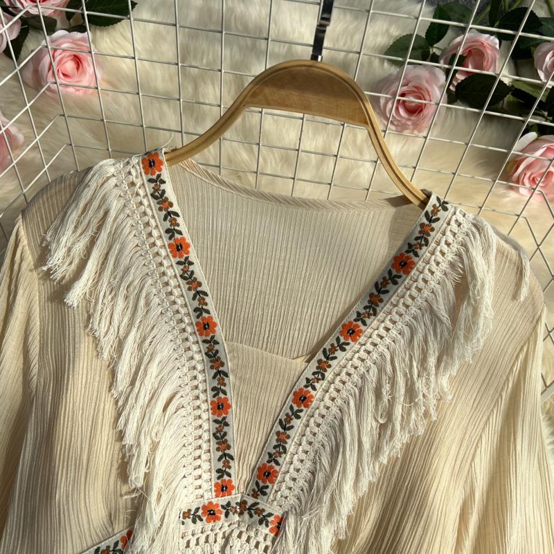 Vintage Lange Kleider Frauen Sommer V-Ausschnitt Halbarm Quaste Patchwork A-Linie Hohe Taille Spitzenkleid