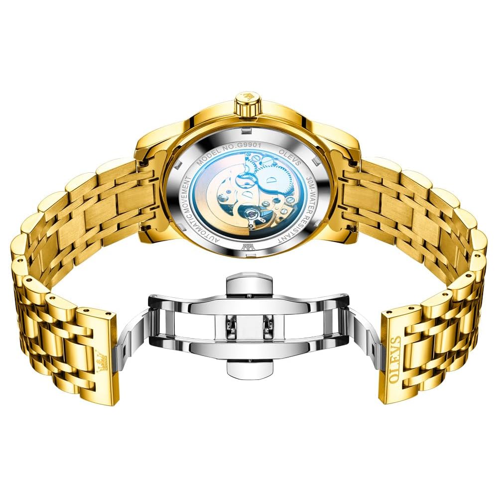 OLEVS Automatic Skeleton Men's Watch Gold Band Gold Dial Luxury Waterproof Mechanical Dress Watch