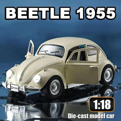 1:18 Scale Beetle 1955 Model Classic Retro Vintage Car Alloy Die-cast Car Door Can Be Opened Sound and Light Pull Back Miniature Toy Children's Gift