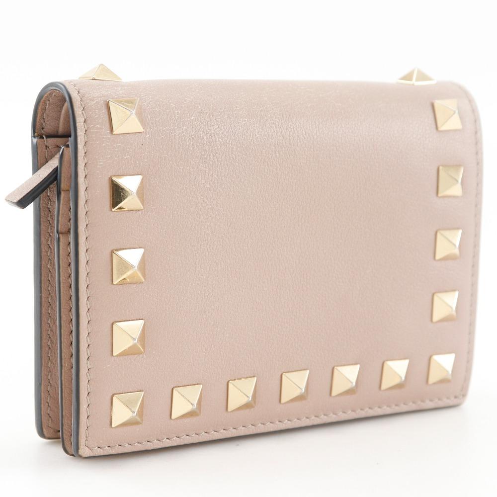 VALENTINO GARAVANI rockstud small wallet Bi-Fold Wallet WW2P0P39BOL beige Calfskin Women Used