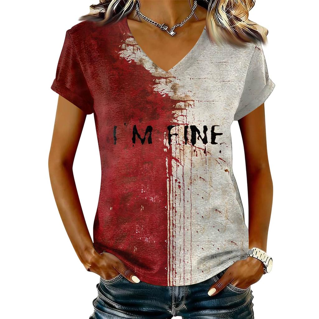 T-shirt décontracté à manches courtes et col en V pour femme avec imprimé Halloween
