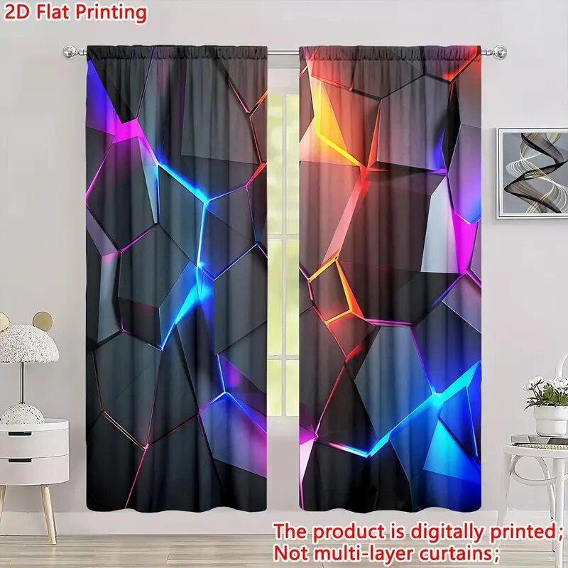 2 Stück - 2D flache Neon geometrisches Muster bedruckte Vorhänge, Fensterdekorationen, Heimdekorationen, Raumdekorationen