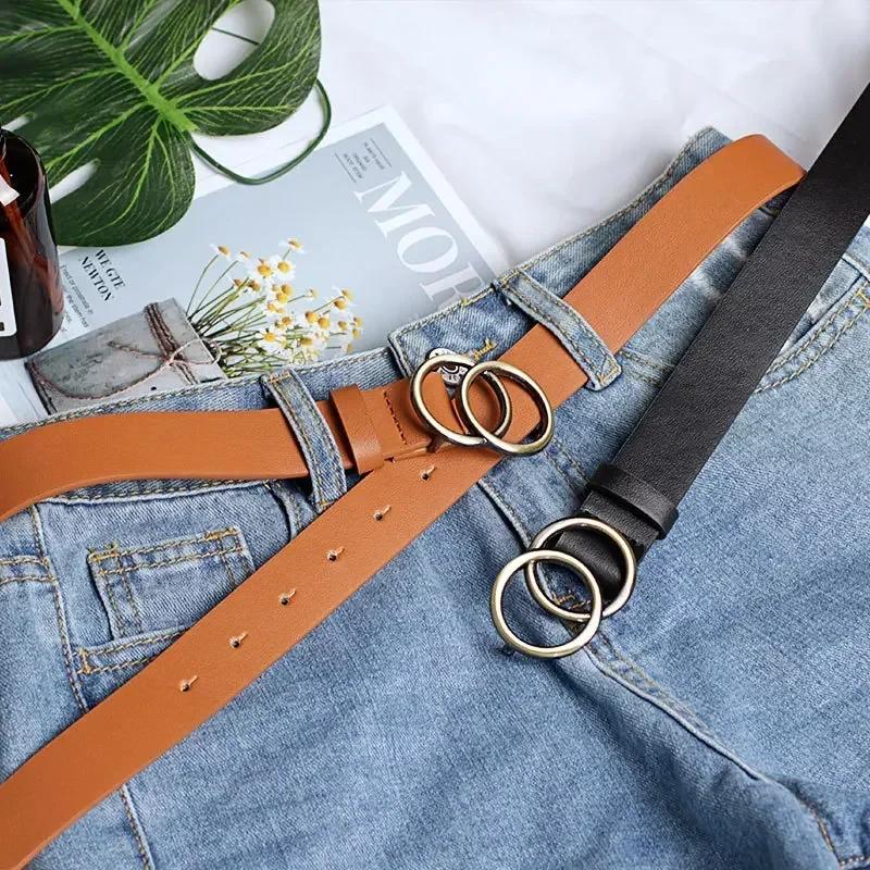 Big Double Ring Circle Metal Buckle Belt Women Fashion Wild Waistband Ladies Wide Leather Straps Belts for Leisure Dress Jeans