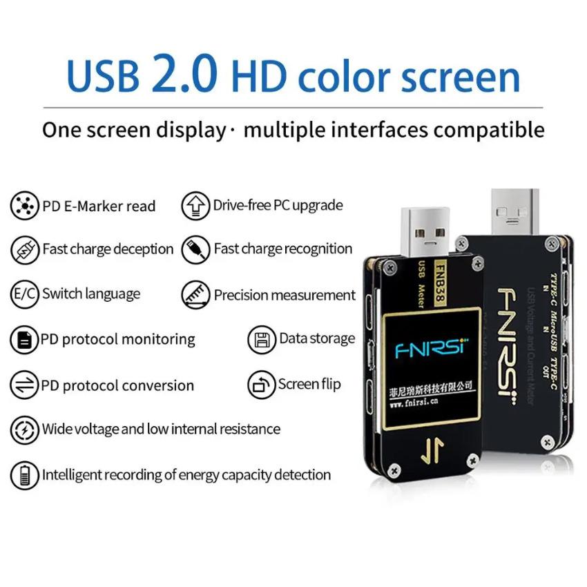 

FNB38 Измеритель тока и напряжения USB-тестер QC3 + PD3.0 2,0 PPS Тест емкости протокола быстрой зарядки