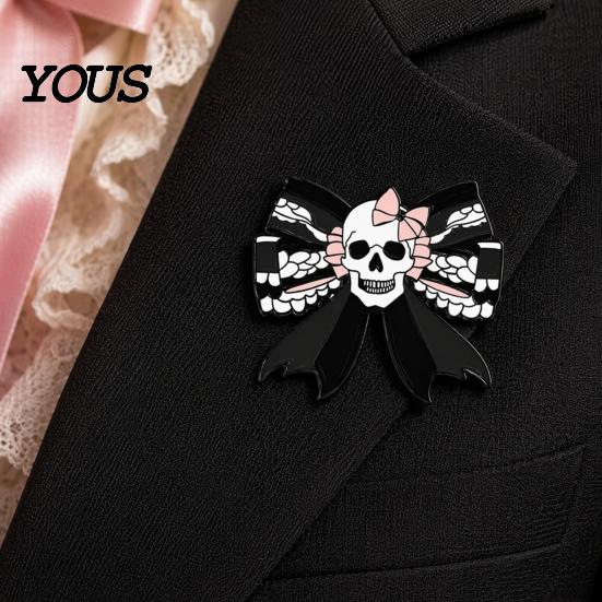Halloween Jewelry Brooch Pin, Enamel Skull Bow Design Brooch, Style Snap-On Dark Pin Badge for Backpacks Collars Hats Holiday Decoration Durable