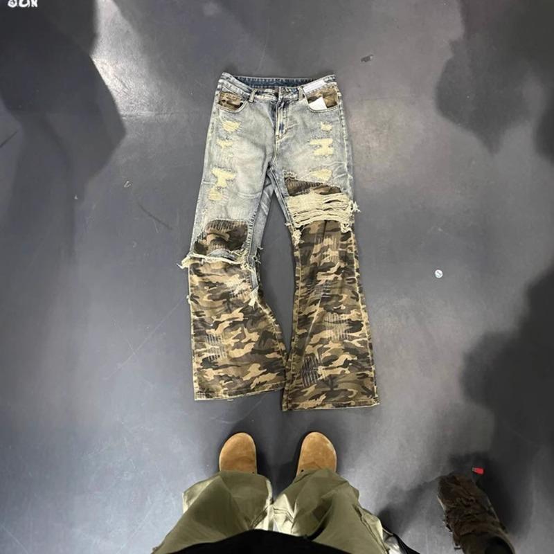 American Retro Fake Two-piece Pants Design Sense Premium Camouflage Splicing Jeans Men's Cleanfit Straight Pants