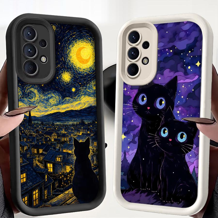 Black Night Star Cat Case for Samsung Galaxy A16 A12 A13 A53 A54 A15 A23 A71 A72 A34 A56 A26 A32 A35 A36 A51 A73 Phone Cover