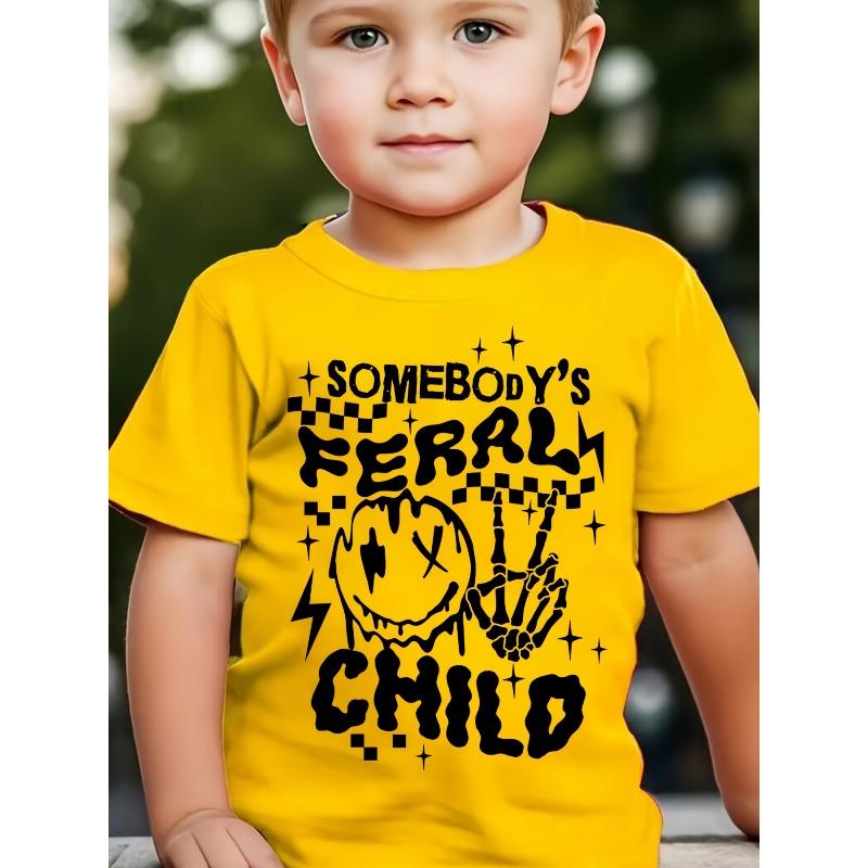 

European sizes Summer Fashion Boys Short Sleeve T-Shirt with Skull Design and Somebody s Feral Child Letter Print Casual Top 164cm жовтий