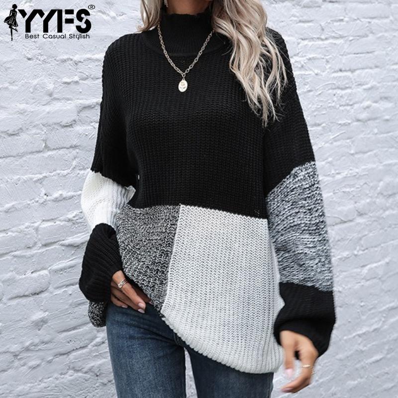 YYFS Women's Fashion Casual Fall Winter Colour Block Print Long Sleeve Half Turtleneck Sweaters