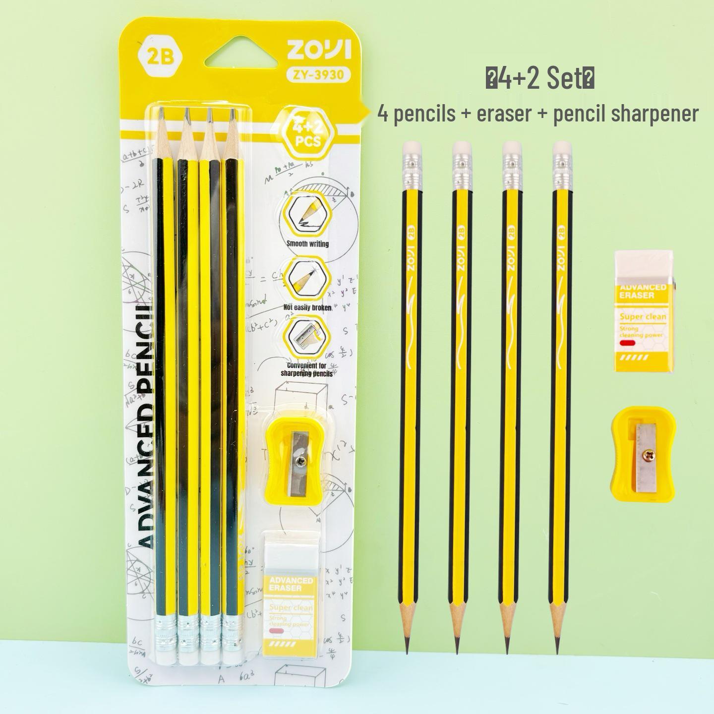 2B Pencils Set: Student Sketch Pencils, Sharpener & Eraser Included 4 Pencils + 2 Accessories Set