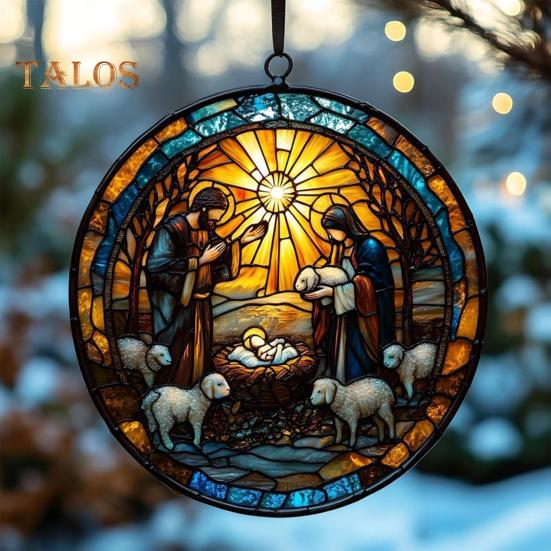 Weihnachtskrippe, handgefertigt, runder Sonnenfänger, Babys erstes Weihnachtsfest, christliches religiöses Geschenk für Baum, Fensterdekoration