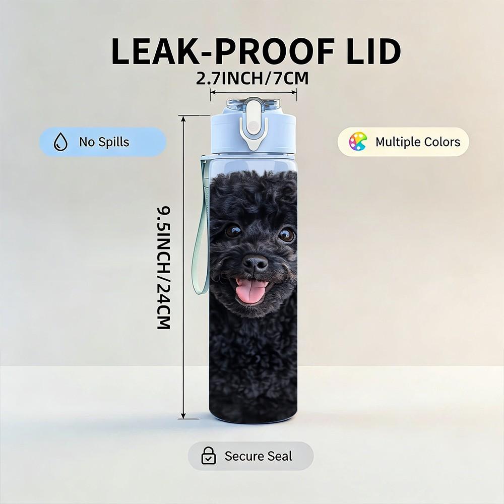 1PC Black Poodle Dog Fluffy Portrait Print 750ml Color Plastic Sports Water Bottle Leakproof Flip Straw Lid Suitable for Sports Office Home Use
