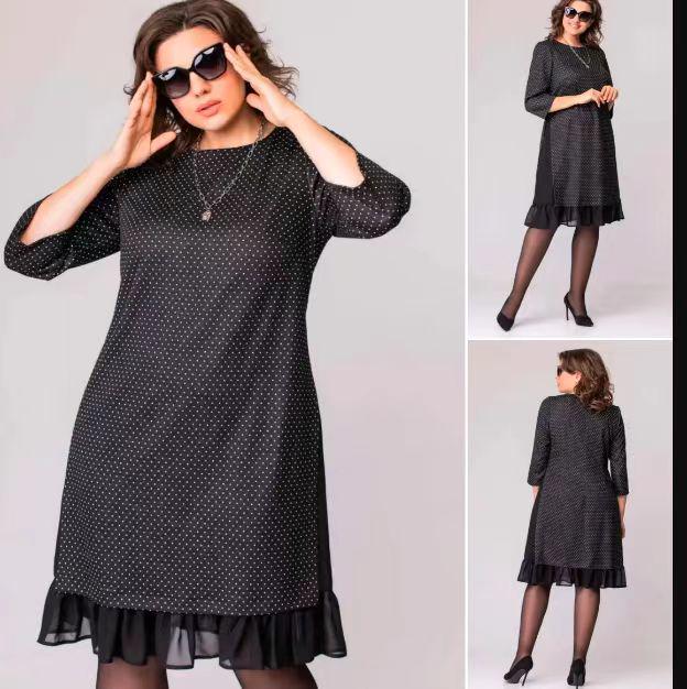 Elegant Black Polka Dot Round Neck Dress for Middle-Aged Women