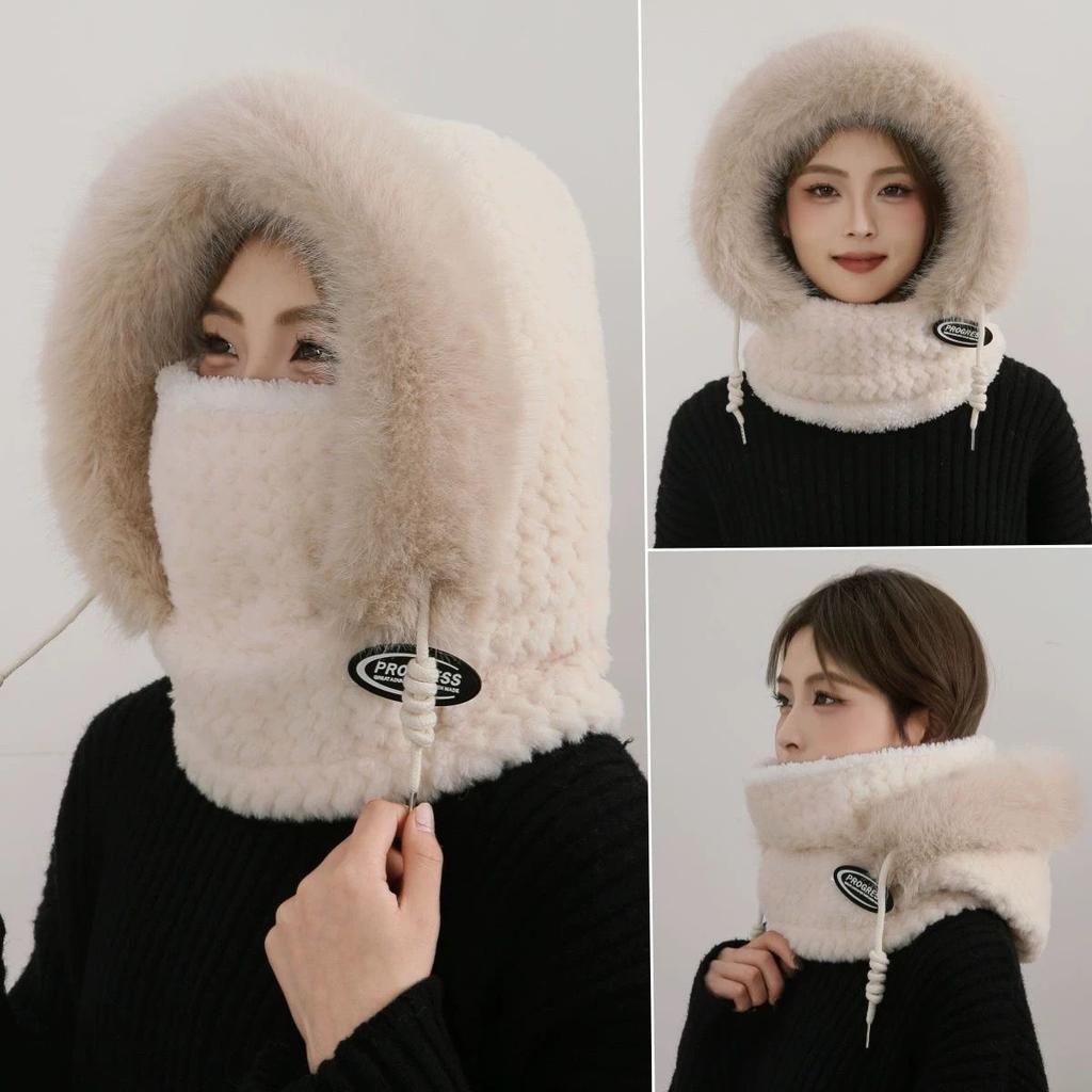 Women Winter Hat Windproof Thick Hood Built In Scarf and Mask Ear Protection Thermal for Outdoor Cycling and Electric Scooter