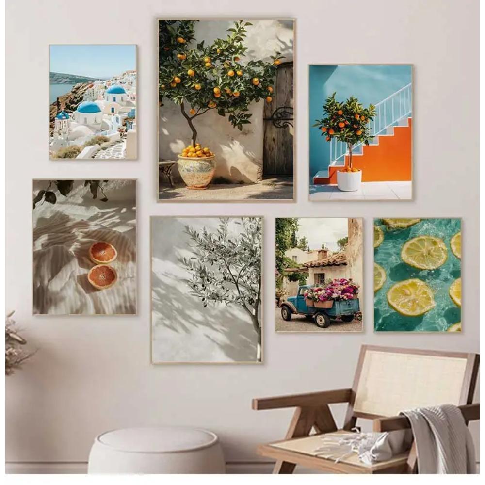Italian Lemon Orange Olive Tree Retro Mediterranean Greece Landscape Poster Canvas Painting Wall Art Pictures Home Decoration