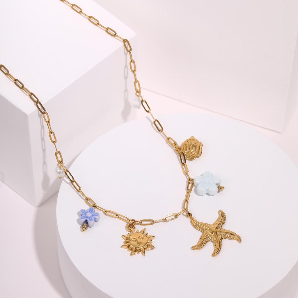 Starfish Flower Pendant Necklace with Pearl Shell on Stainless Steel Clavicle Chain