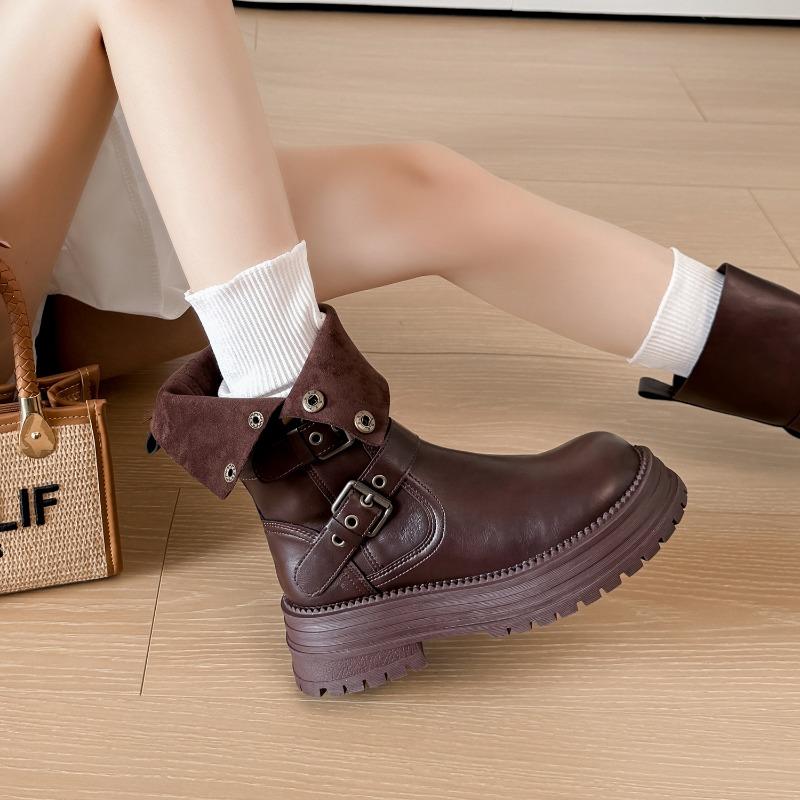 

Version black leather Martin boots women s thick heel thick sole height can be folded two wear retro western boots short boots 40 коричневый