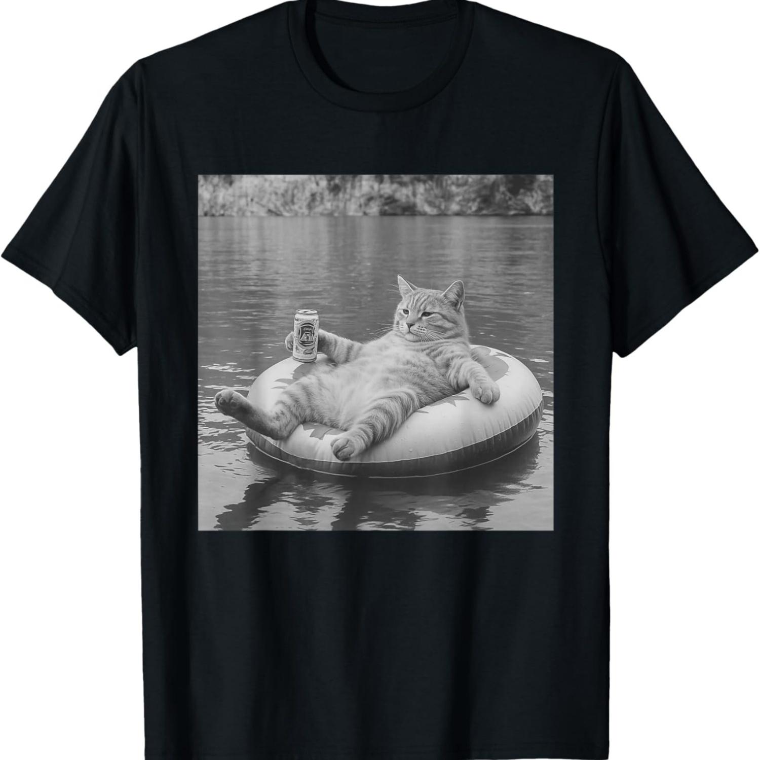 

Chilling Kitten Funny Beer Cat Meme Stupid Brainrot T-Shirt S чёрный