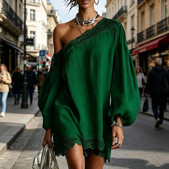 Women Off One Shoulder Loose Mini Dress Batwing Long Sleeve Lace Trim Club Party