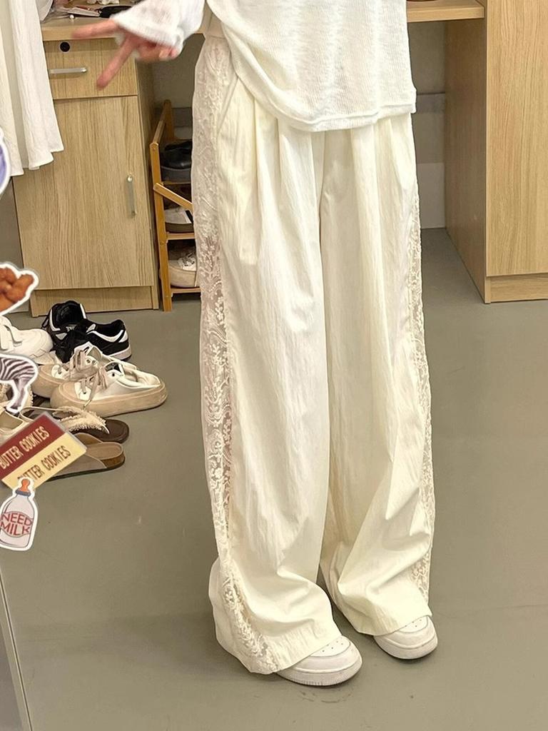 Lace Patchwork Pants Women's Summer Slim Fit Wide Leg Pants Ins Style Photo Color
