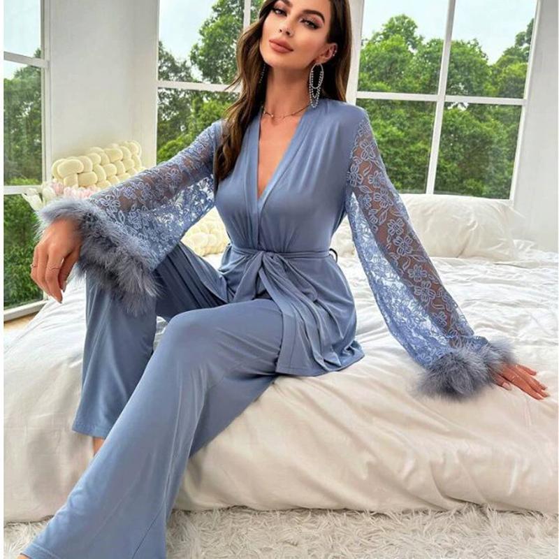 

Женские пижамные комплекты с кружевными рукавами, сексуальным V-образным вырезом, повседневная удобная одежда для сна, элегантные женские комплекты из двух предметов, эластичная талия M светло-синий