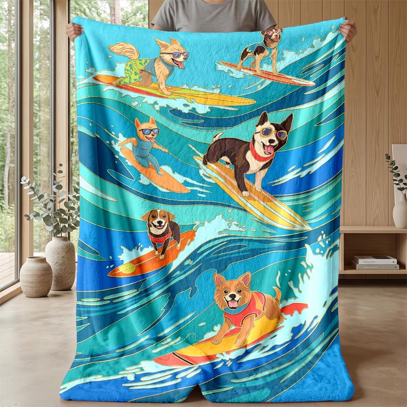 Surfing Dog Paradise Theme Blanket Lightweight Warm Flannel Blanket Decorative Throw Blanket for Home Decoration