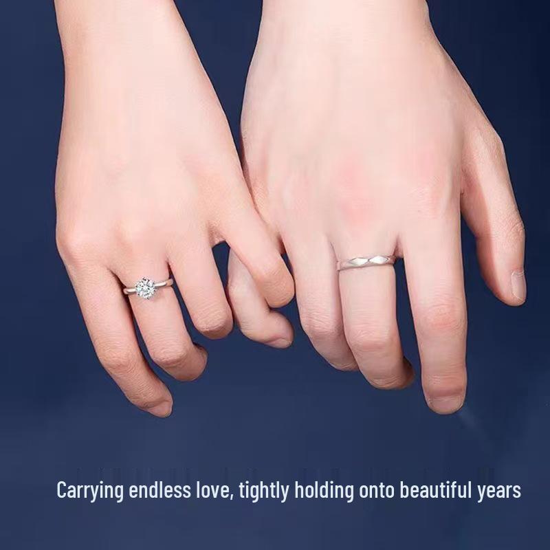 Sterling Silver Plated Water Cube Diamond Six-Claw Open Rings for Couples