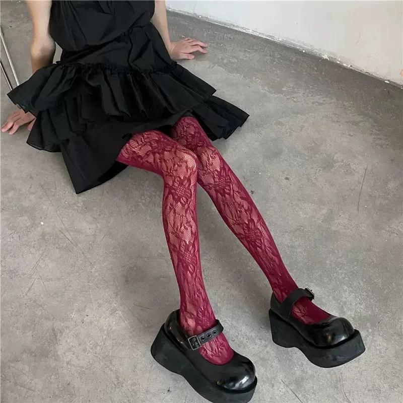 New Hollow Lace Mesh Stockings with Bottom Pantyhose Lolita Retro Floral Vine White Black Stockings for Women