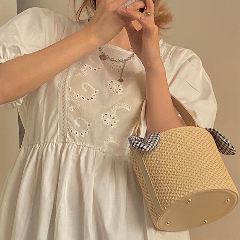 2025 Bow Plaid Straw Bucket Bag: Versatile Crossbody & Shoulder Handbag for Women
