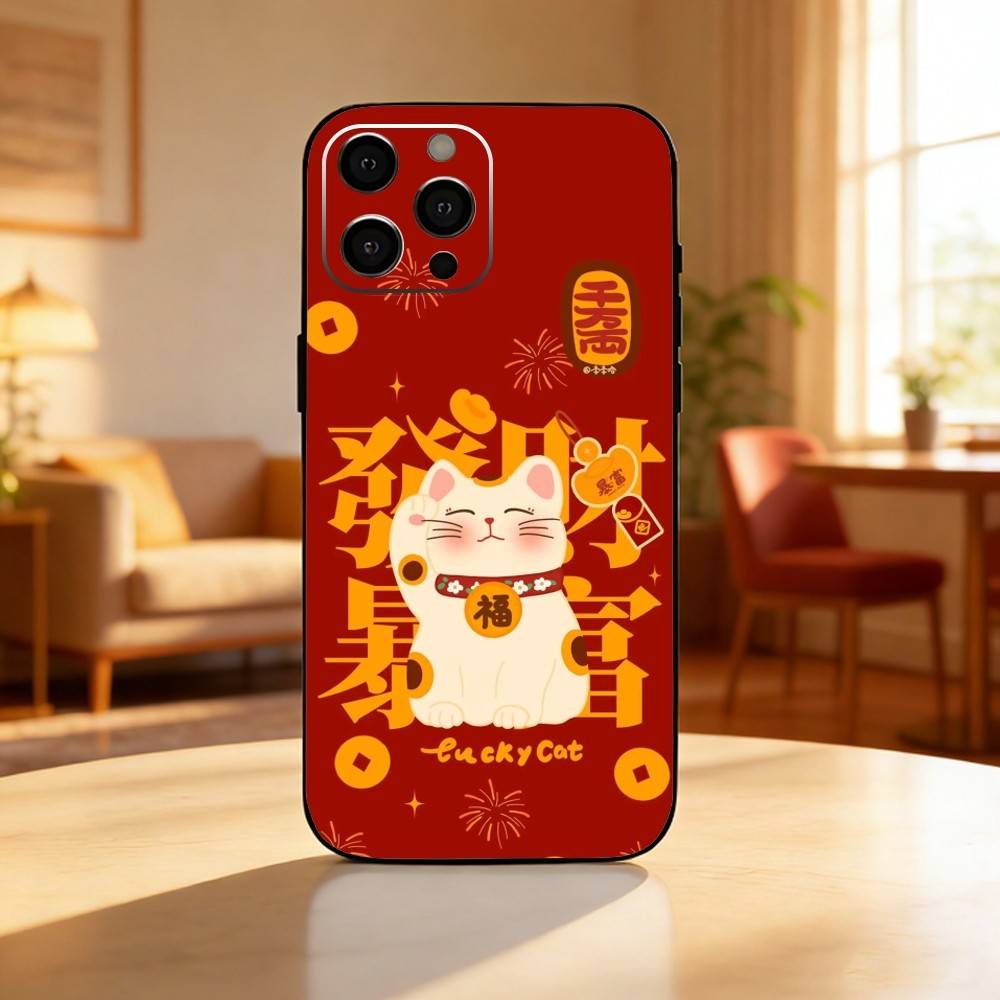 

Cute Lucky Maneki Neko Cat Phone Case For iPhone 16,15,14,13,12,17,Pro Max,Plus Silicone Black Case iPhone16se4