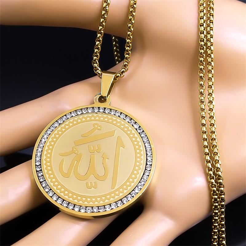 Arabic Quran Allah Medal Necklace for Women Men Rhinestone Stainless Steel Gold Color Islam Muslim Chain Jewelry collar NZZZ490