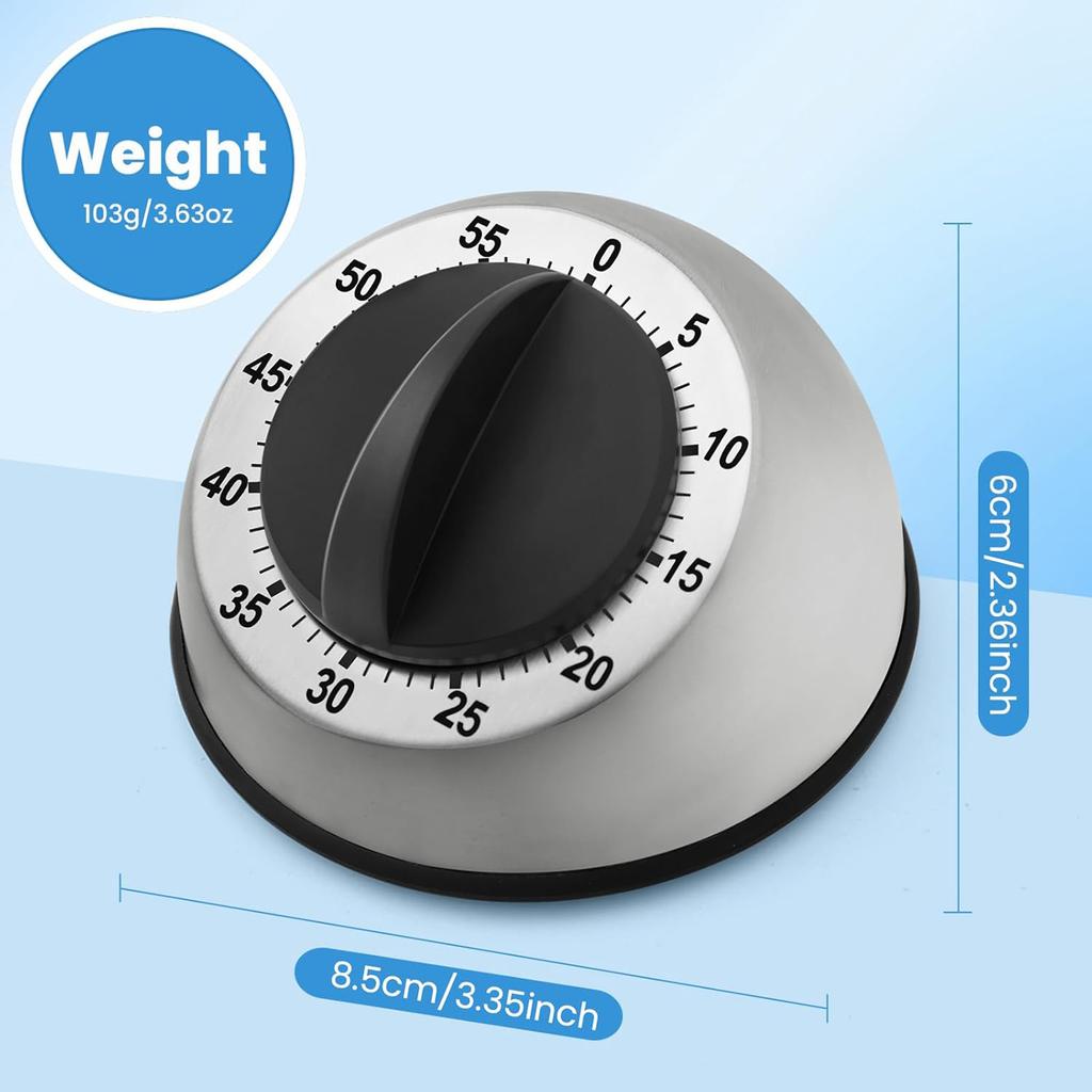 Stainless Steel Kitchen Timer 60 Minute Wind Up Black Round Shape for Cooking Baking Study Nursing Reminder No Battery Required