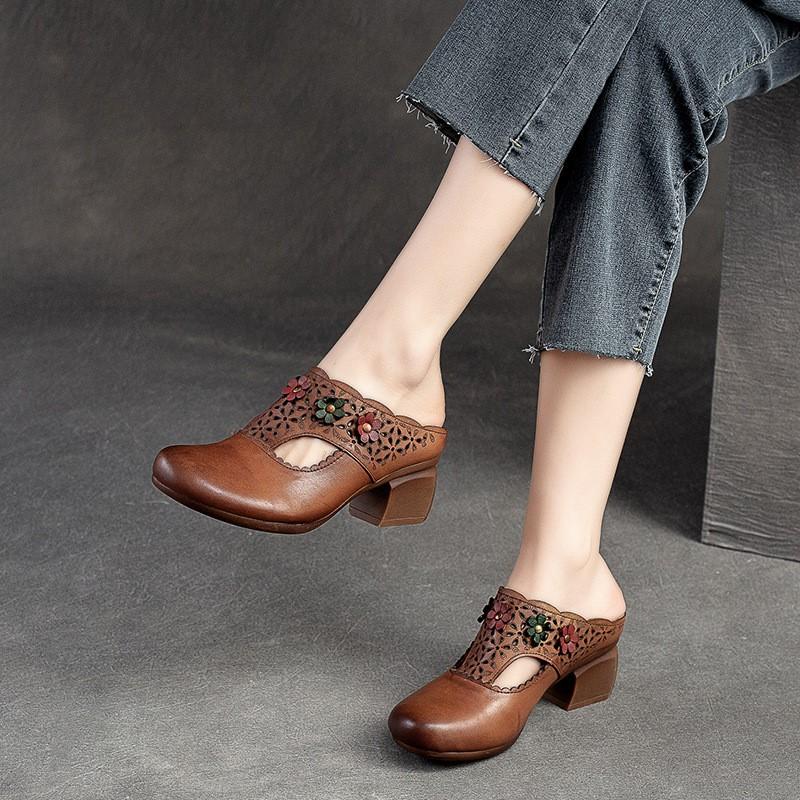 Ethnic Style Flower Mid Heel Slippers Summer New Round Toe Retro Comfortable Versatile Women Shoes Outside Slides