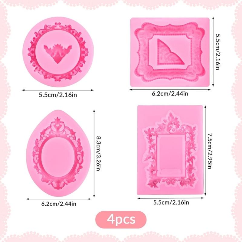 Set of 4 Reusable Silicones Fondant Mold Vintage Embossed Photo Frame Cake Toppers Decorating Candy Making DIY Crafts