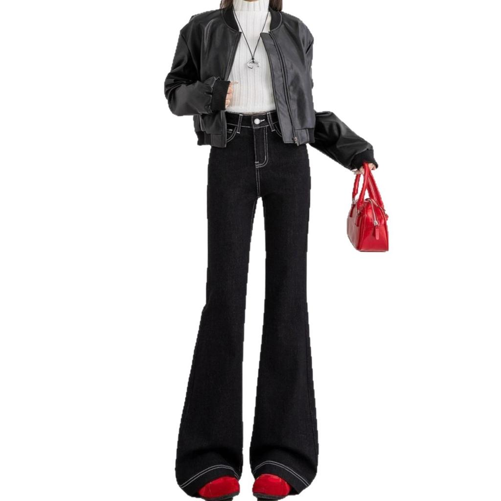 Pockets Embroidered Micro-Flare Denim Trousers Women Autumn Black Big Yardage High-Waisted Skinny Horse Horse Horseshoe Trousers Long Denim Pants