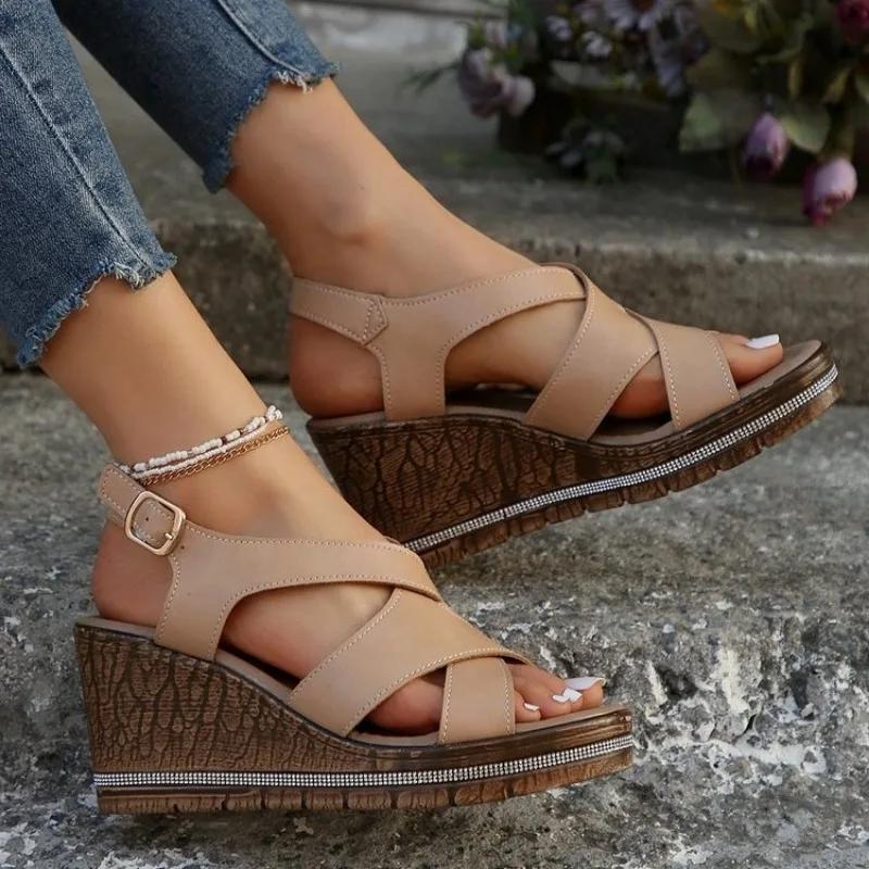 Fashion Wedge Sandals for Women Summer 2024Casual Non-slip Peep Toe Platform Shoes Rubber Sole Buckle Elegant Heel Woman Sandale