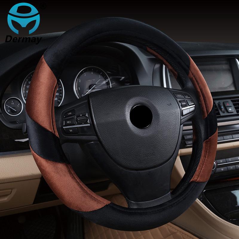 DERMAY Plush Steering Wheel Cover Winter Warm Short Fur 6 Colors Soft Touch Fit Standard Steering Wheel 14-15" High Quality