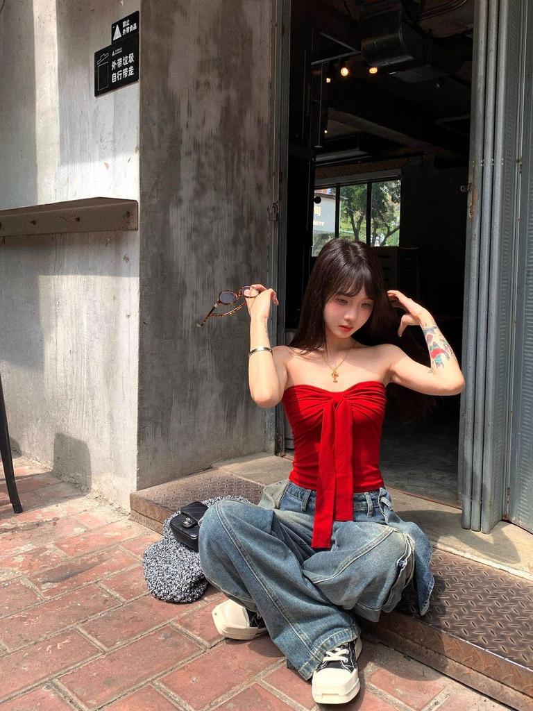 Damen Französisches Retro Schleife Trägerloses Weste - Sommer Pure Desire Wickel-Brust-Top