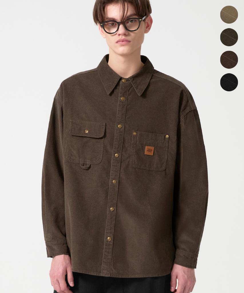 TRILLION Leather Patch Corduroy Work Shirt_4Color