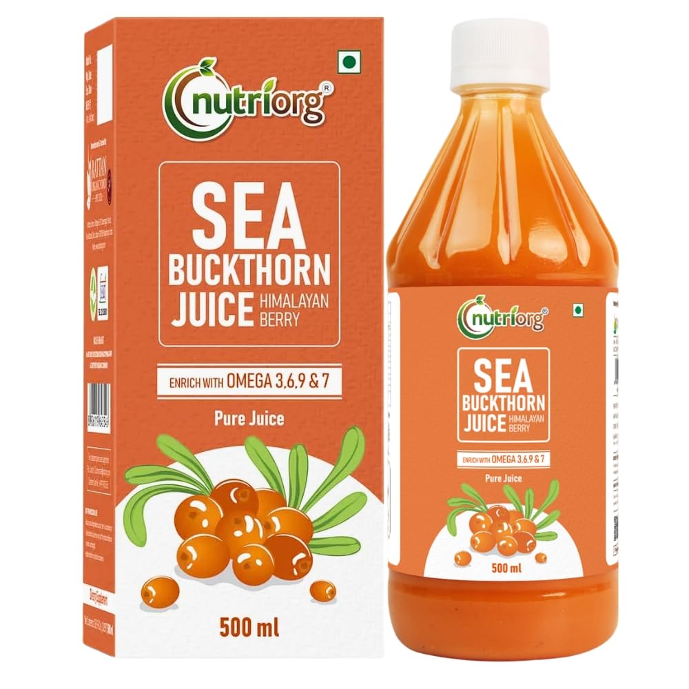 NutriOrg Pure Sea Buckthorn Juice 500 mL | 100% Himalayan Berry Pulp | Omega 3,6,7,9 & Vitamin C | Best for Immunity & Antioxidant Rich | No Adde