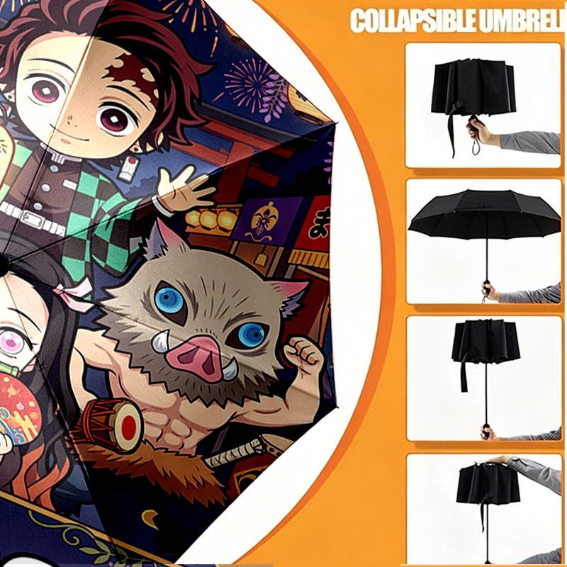 Custom Name Personalized Demon Slayer Anime Print Umbrella, Auto Open Close, 8‑Rib Sturdy Frame, Commute Camping Hiking Use, Birthday Gift