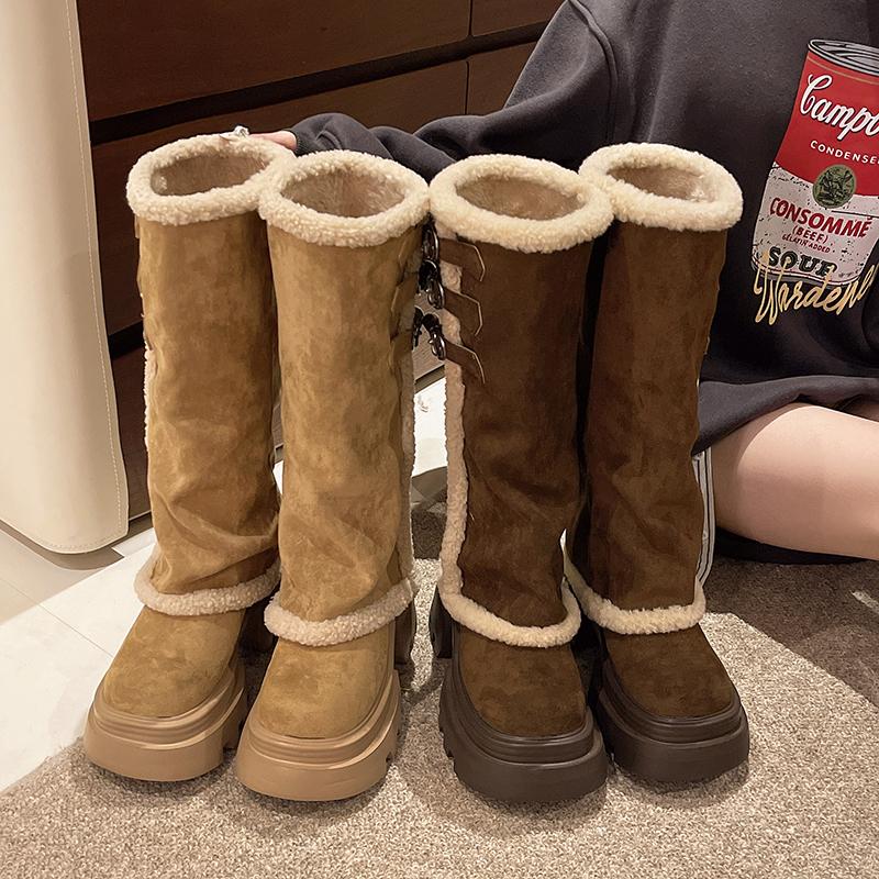 High Snow Boots Winter New Round Toe Scrub Fleece Metal Buckle Platform Non-slip Block Heel Cotton Shoes