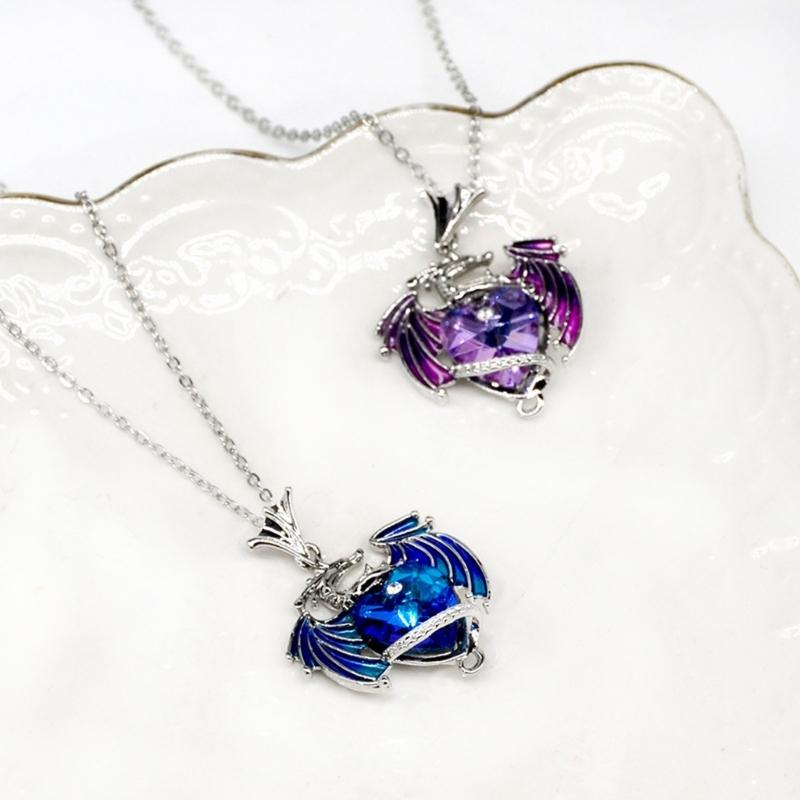 Heart Charm Clavicle Chain Fantasy Crystal Flying Dragon Necklace Jewelry