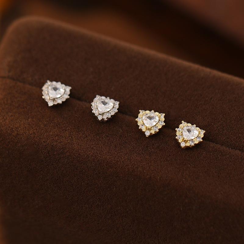 925 Sterling Silver Inlaid Shiny Zircon Heart Earrings for Women Korean Small Sweet Jewelry