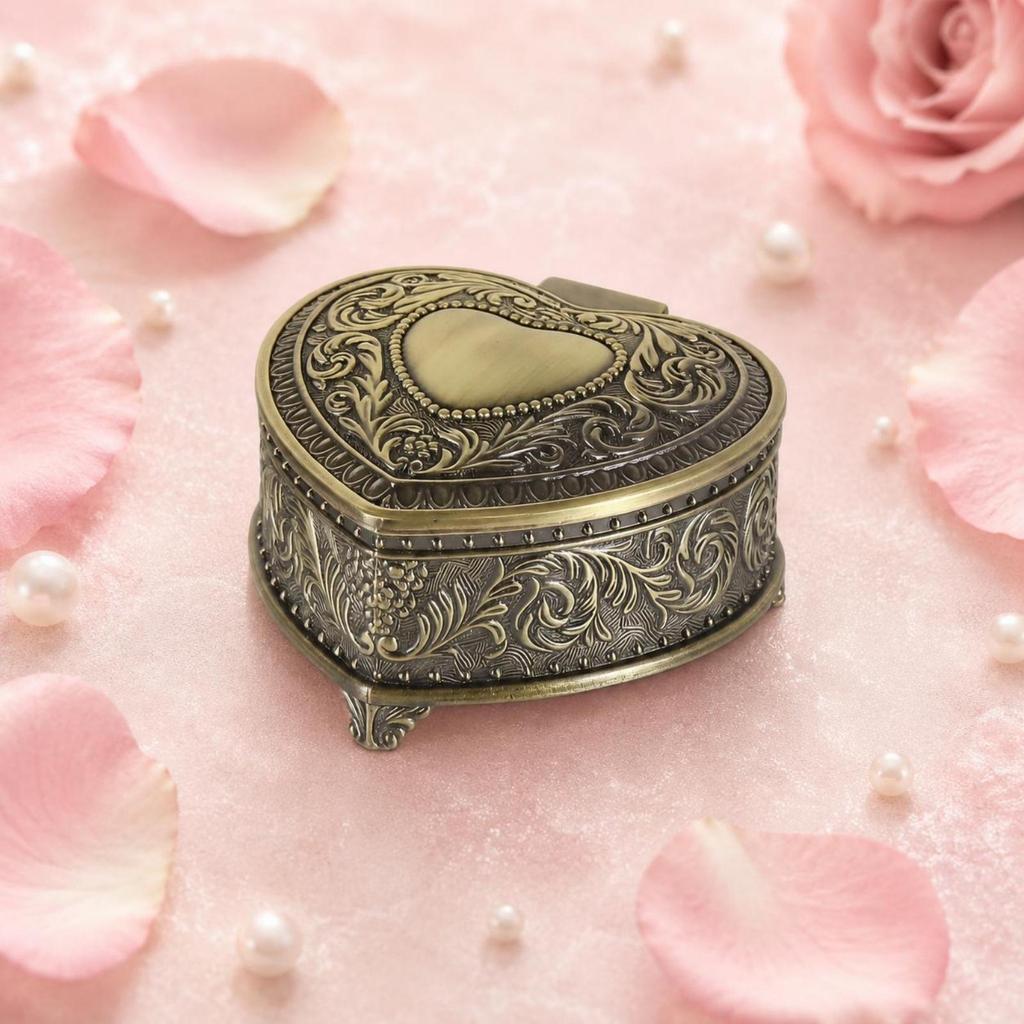 HeartShaped Jewelry Box VelvetLined Container Embossed Antique Case
